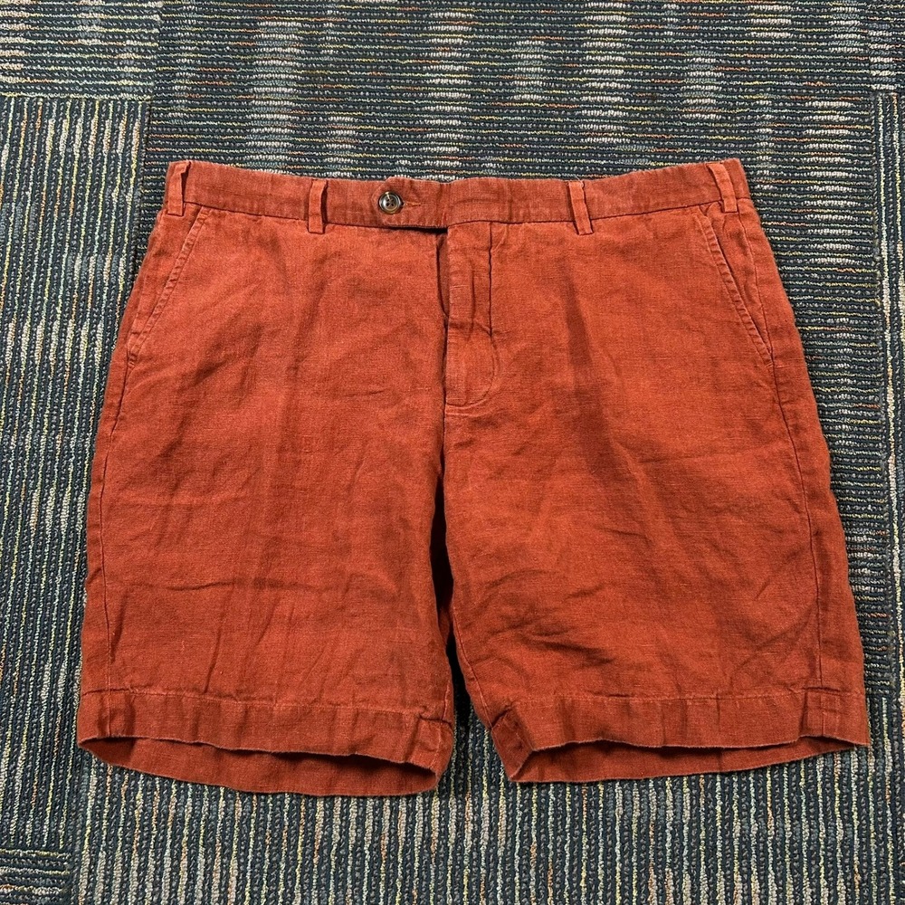 Spier Mackay Linen Shorts 38 Red/Brown Contemporary Fit Flat Front 8" Inseam
